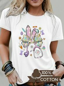 Women's Casual Blouse, Simple Style For Daily Wear, Round Neck T-Shirt With Letter And Anime Print, Simple Design, Comfortable And Breathable, Suitable For Daily Casual Wear, Showing A Natural And Elegant Style, A Must-Have For Summer Parties, Local Shipping. - 白色 - 查看 7
