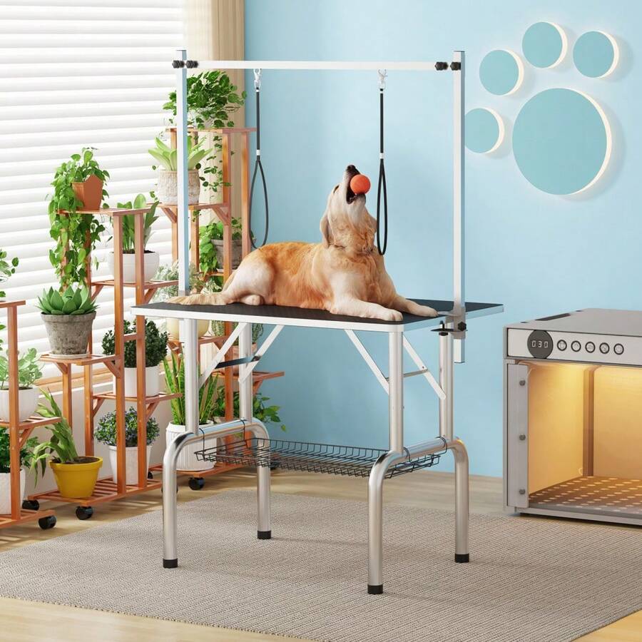 36" Dog Grooming Table,Portable Trimming Table Drying Table,Foldable Home Pet Bathing Station With Adjustable Height Arm ,Nooses, Mesh Tray - Black - View 1