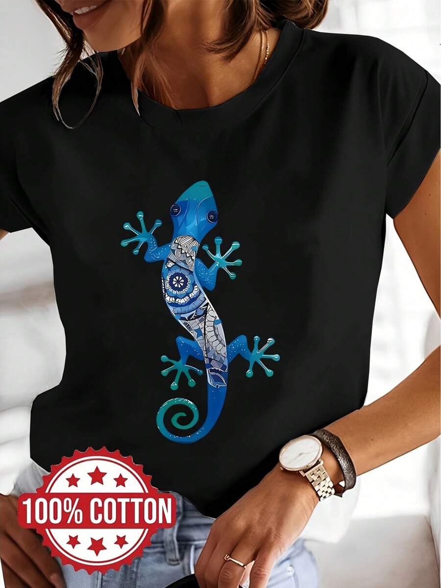 Women's T-Shirt - Women's Blue Gecko Graphic T-Shirt - 100% Cotton, Short Sleeve, Crew Neck, Casual Summer Style With Geometric Reptile Print, Machine Washable Blouse For Everyday Wear In Spring And Summer, Women's Going Out T-Shirts - 黑色 - 查看 1