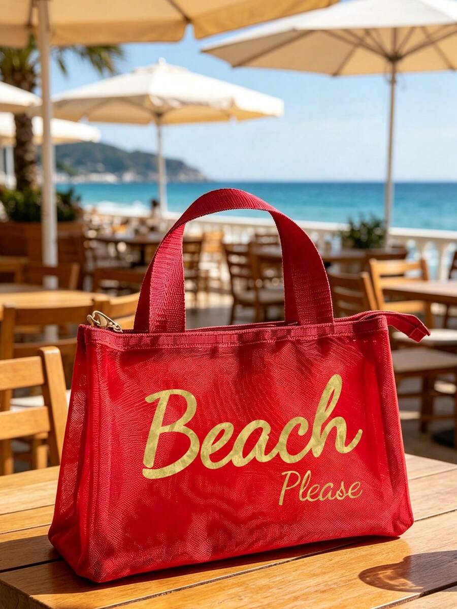 3層網格化妝包 'beach Please' 閃亮印花 | 透明大容量盥洗包，輕量旅行口紅 & 化妝品收納袋，耐用聚酯纖維拉鍊開關