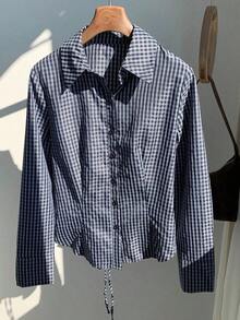 Camisa de manga larga de ajuste ceñido con cintura anudada a rayas rosa, blusa a rayas amarilla para mujer, nueva colección de otoño - Azul - Ver 4