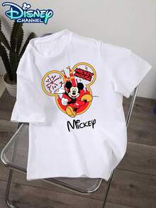 Disney Mickey Mouse Printed T-Shirt, Disney Cartoon Character Printed Pattern - Double-Sided Printed Design T-Shirt, Men's Summer Short-Sleeved Top, High-Quality 100% Cotton Short-Sleeved T-Shirt, Summer Relaxed Leisure Short-Sleeved Shirt, Universal For Men And Women, Couples, Leisure, Street, Vacation, Campus - trắng - Xem 2