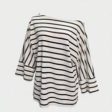 Camiseta casual holgada de mujer con mangas de murciélago asimétricas y hombros a rayas, verano negro primavera - Azul - Ver 3