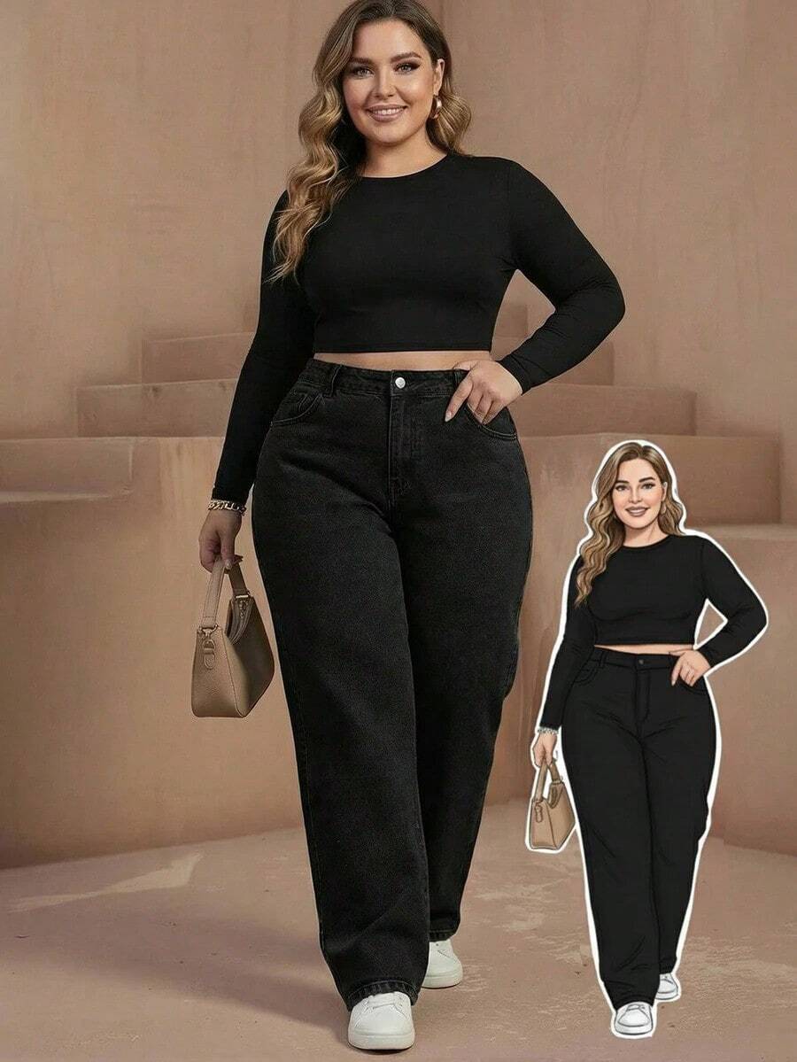 Jeans de pierna ancha para mujer talla grande, diseño de bolsillo lavado largo, sin estiramiento, adecuado para uso diario en primavera - Negro - Ver 1