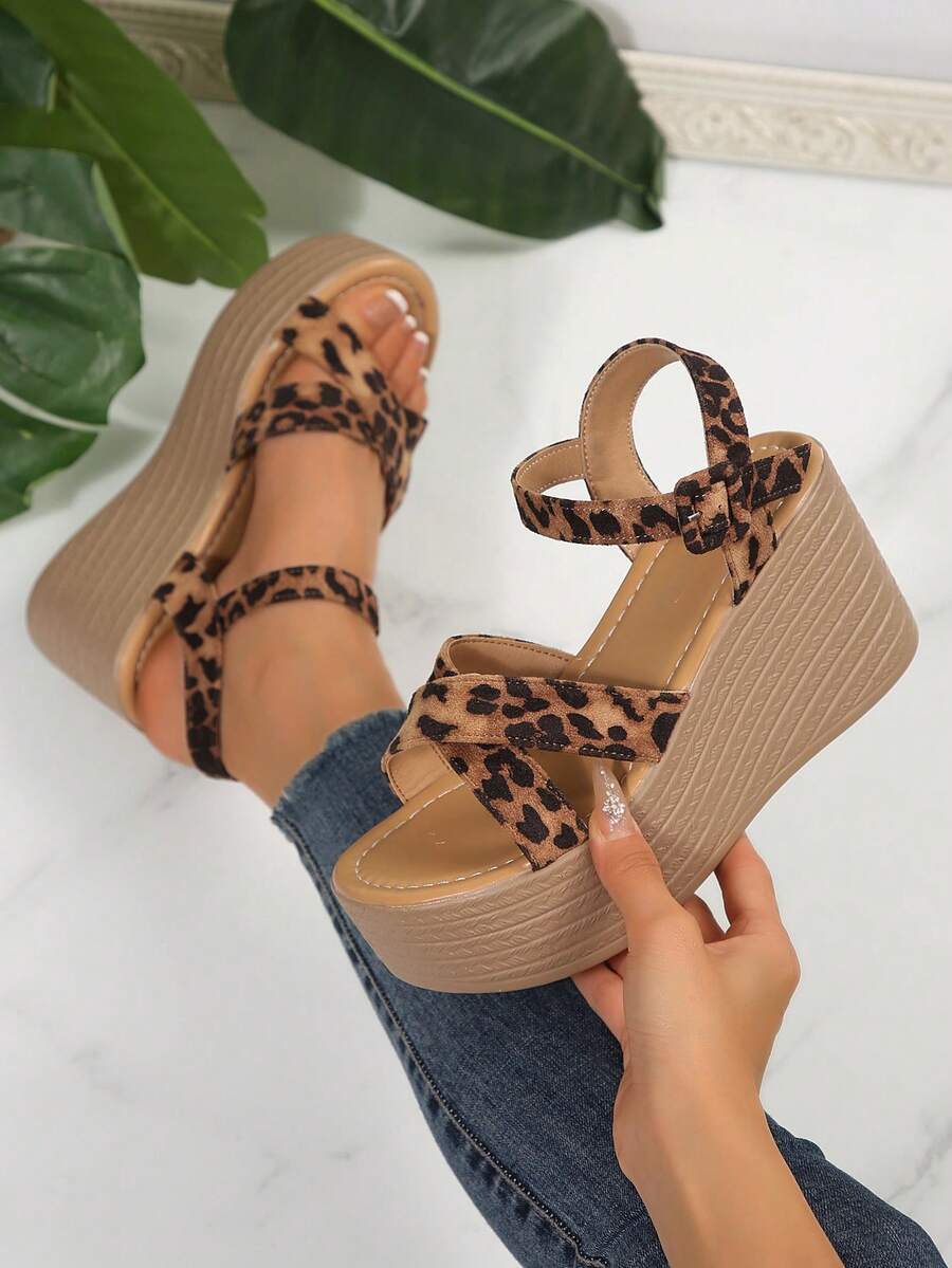 Wide Fit Plus Size Wedge Heel Sandals, Cross Leopard Print Adjustable Buckle Open Toe Sandals - Multicolor - View 1