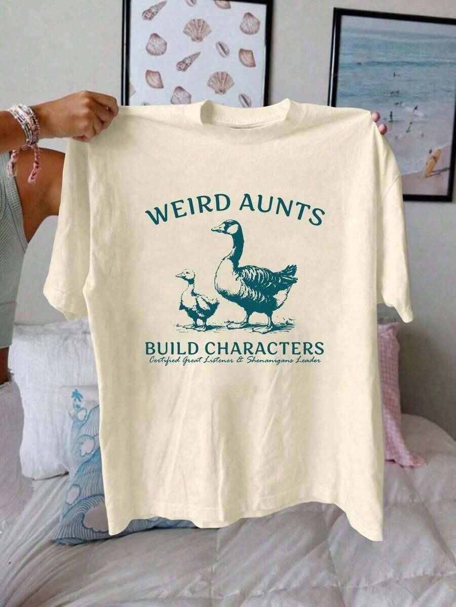 Camiseta con estampado gráfico de "Silly Goose Weird Aunt", manga corta, cuello redondo, top casual para verano y primavera, ropa de mujer. - Albaricoque - Ver 1