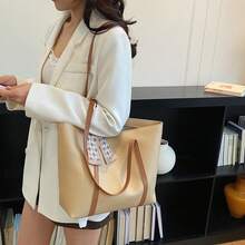Bolso de hombro tipo tote de gran capacidad y unicolor para mujeres - Caqui - Ver 11