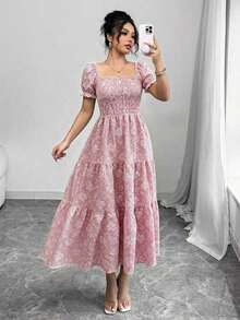 XheElenzga Square Neck Maxi Dress, Short Ruched Sleeve With Ruffle Hem, Small Floral Print, Suitable For Casual Daily Wear, Work, Travel, Beach, Boho - Rose - View 7