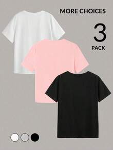3 piezas Camiseta de mujer de manga corta, cuello redondo, suelta, con gráfico de eslogan, adecuada para primavera y verano, apropiada para salir, casual - Multicolor 3 - Ver 7