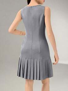 Vestido corto elegante de unicolor con dobladillo plisado y sin mangas - Azul - Ver 2