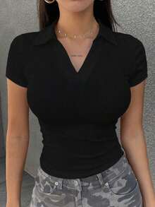Camiseta casual de manga corta de ajuste ceñido y cuello de mujer, color liso, color negro - Negro - Ver 6