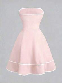 Vestido elegante sin tirantes con estampado floral y ribete de contraste para mujer - Rosa Pálido - Ver 2