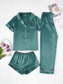 Conjunto de pijama de 3 piezas para mujer con cuello de seda falsa de unicolor y ribete contrastante - Verde Oscuro 2 - Ver 5
