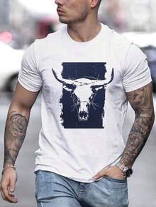 Camiseta de manga corta para hombre con estampado de calavera de toro estilo western, camiseta casual de manga corta para hombre para actividades al aire libre, camiseta de moda de manga corta con cuello redondo para hombre, adecuada para uso diario y en resorts. - Blanco - Ver 1