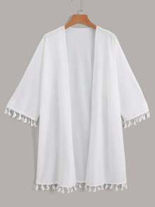 Kimono suelto con mangas con flecos de unicolor para mujer, adecuado para vacaciones - Blanco - Ver 5
