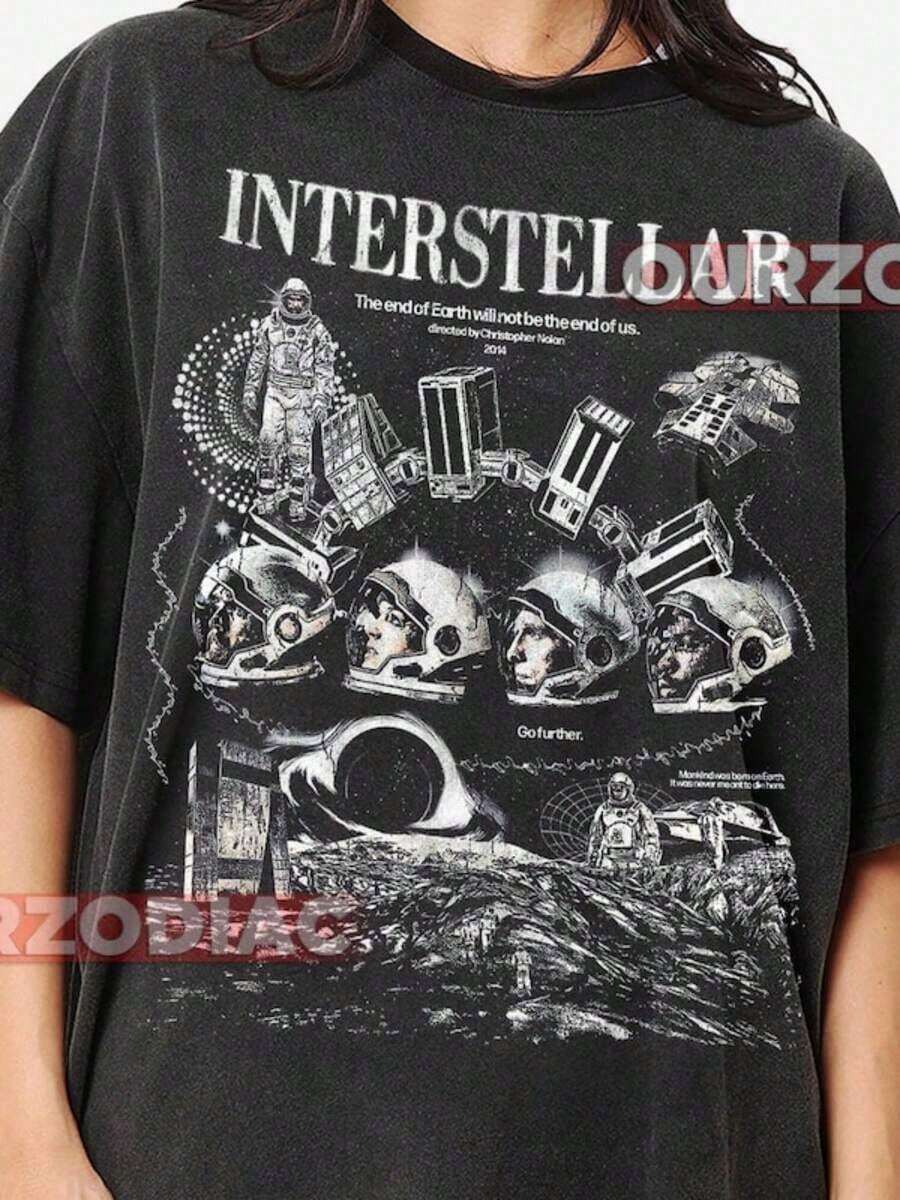 Unisex Interstellar Movie T-Shirt, Space Exploration T-Shirt, Sci-Fi Movie Clothing, Star Graphic T-Shirt, Astronomy - 黑色 - 查看 1