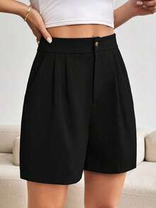 Shorts de verano informales para mujer, sólidos y con pliegues - Negro - Ver 5