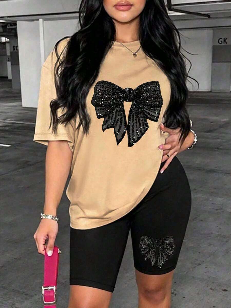 2 piezas Conjunto de top de cuello redondo morado con decoración de lazo y shorts negros para mujer - Multicolor 4 - Ver 1
