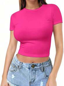 Camiseta de mujer de manga corta, cuello redondo, ajuste ceñido, estilo casual para primavera y verano, camiseta de mujer, top básico de mujer, top corto, top para exteriores en color blanco - Rosa Fucsia - Ver 6