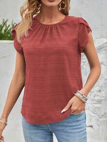 Blusa de manga corta con abertura en la espalda y manga estilo pétalo de unicolor, blusas de manga corta - Óxido marrón - Ver 4