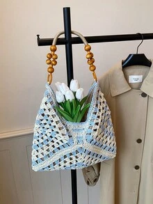1 chiếc túi xách tay móc len đính hạt màu xanh dương và trắng, kiểu dáng Bohemian mùa hè, thích hợp cho du lịch biển hoặc những chuyến đi chơi xa, túi đeo vai dệt thủ công dành cho nữ. - Màu xanh nhạt - Xem 7