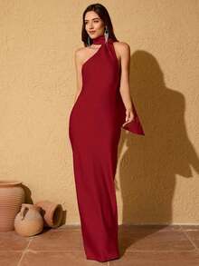 Vestido largo de satén azul nebuloso con cuello de bufanda sin mangas y ajustado para mujer, ideal para bodas y primavera - Burdeos - Ver 5