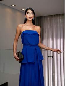 Long Strapless Chiffon Party Dress Without Glitter For Bridesmaids At A Daytime Wedding. - 寶藍色 - 查看 3