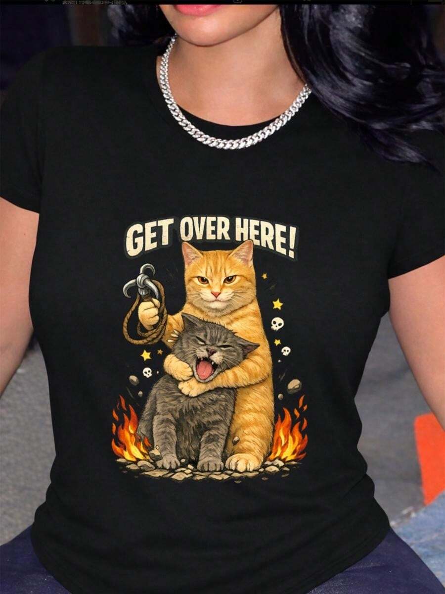 1 pieza de Playera corta 100% algodón, cuello redondo casual con estampado, imprimación divertida y adorable para gatos, manga corta transpirable para uso diario - Negro - Ver 1