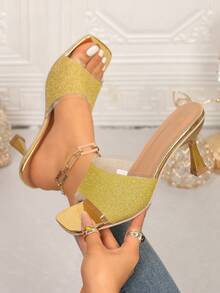 Women's Gold Glitter Kitten Heel Slides, Transparent PVC Square Toe Slip-On Mules Suitable For Parties - Gold - View 1