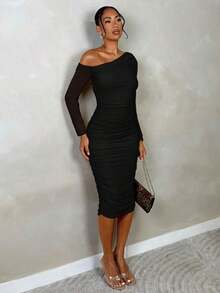 2026 Women Elegant Ruched Mesh Party Evening Midi Dress With Long Sleeves, Slim Fit, For Autumn - verde menta - Ver 9