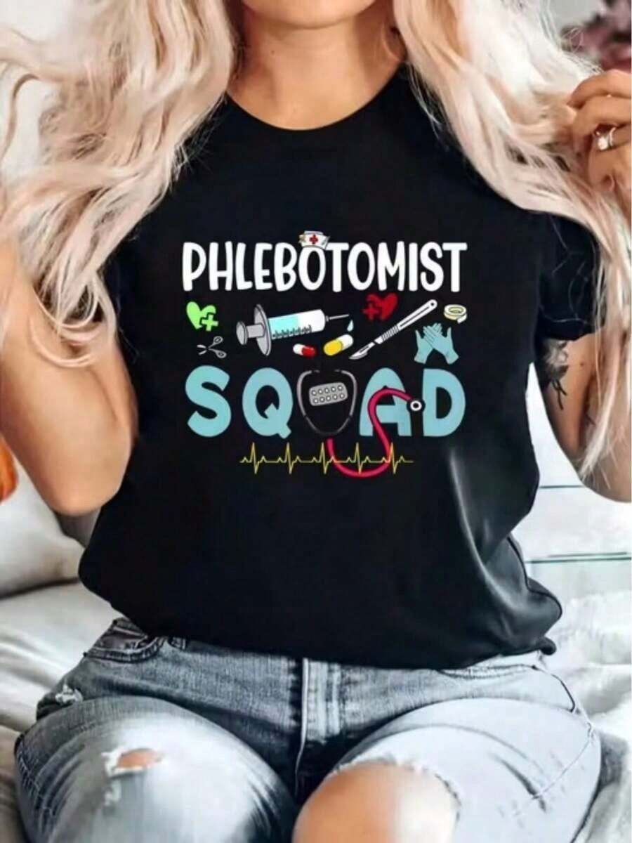 Camiseta casual para mujer, una blusa de manga corta para actividades diarias, con estampado de herramientas médicas de la "Escuadrón Cazadores de Vampiros", adecuada para usar en vacaciones. - Negro - Ver 1