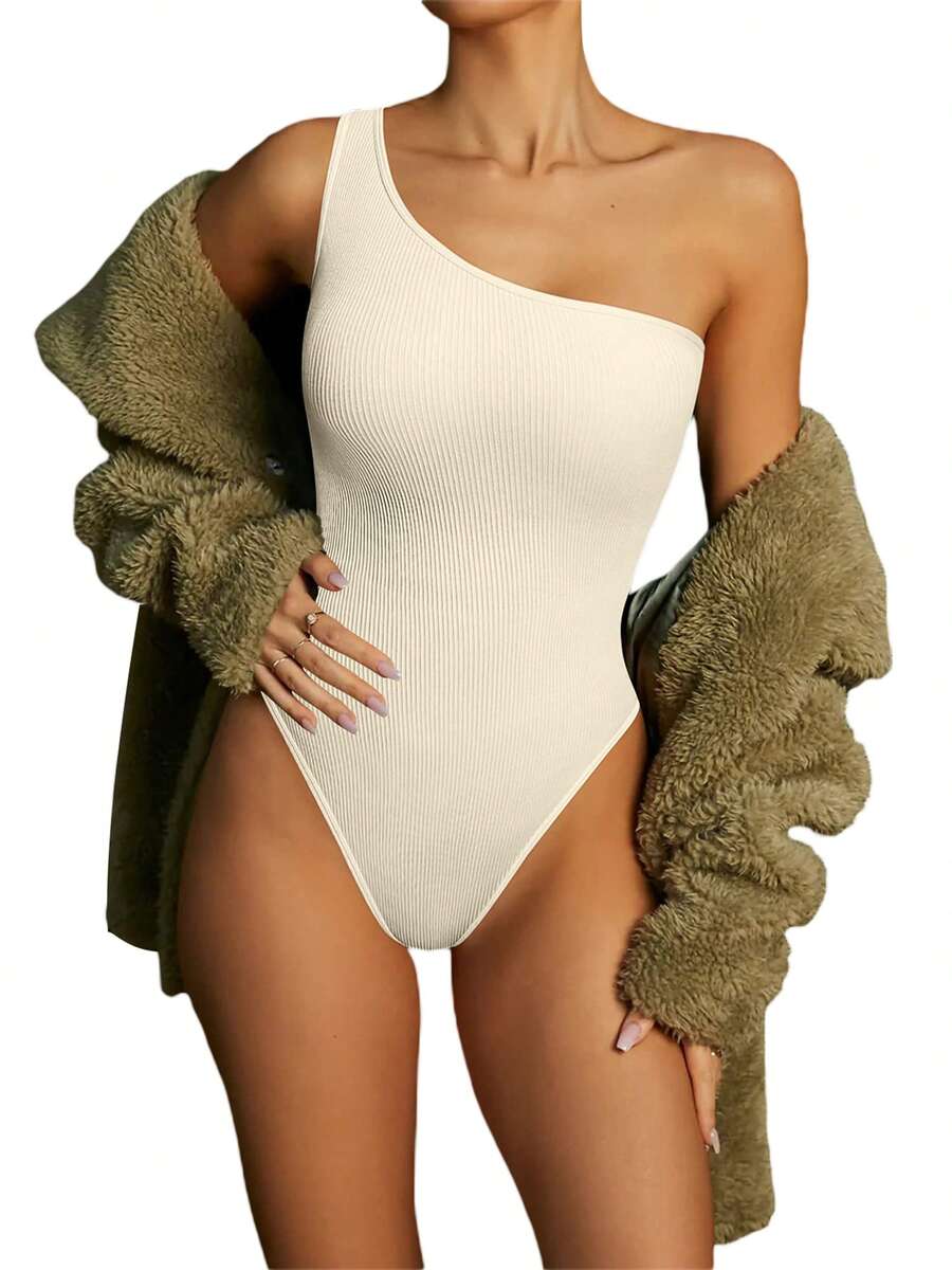 Women Romper, Sleeveless Off Shoulder Knitting Solid Color Spring Summer Bodysuit Jumpsuit - Off-white - View 1