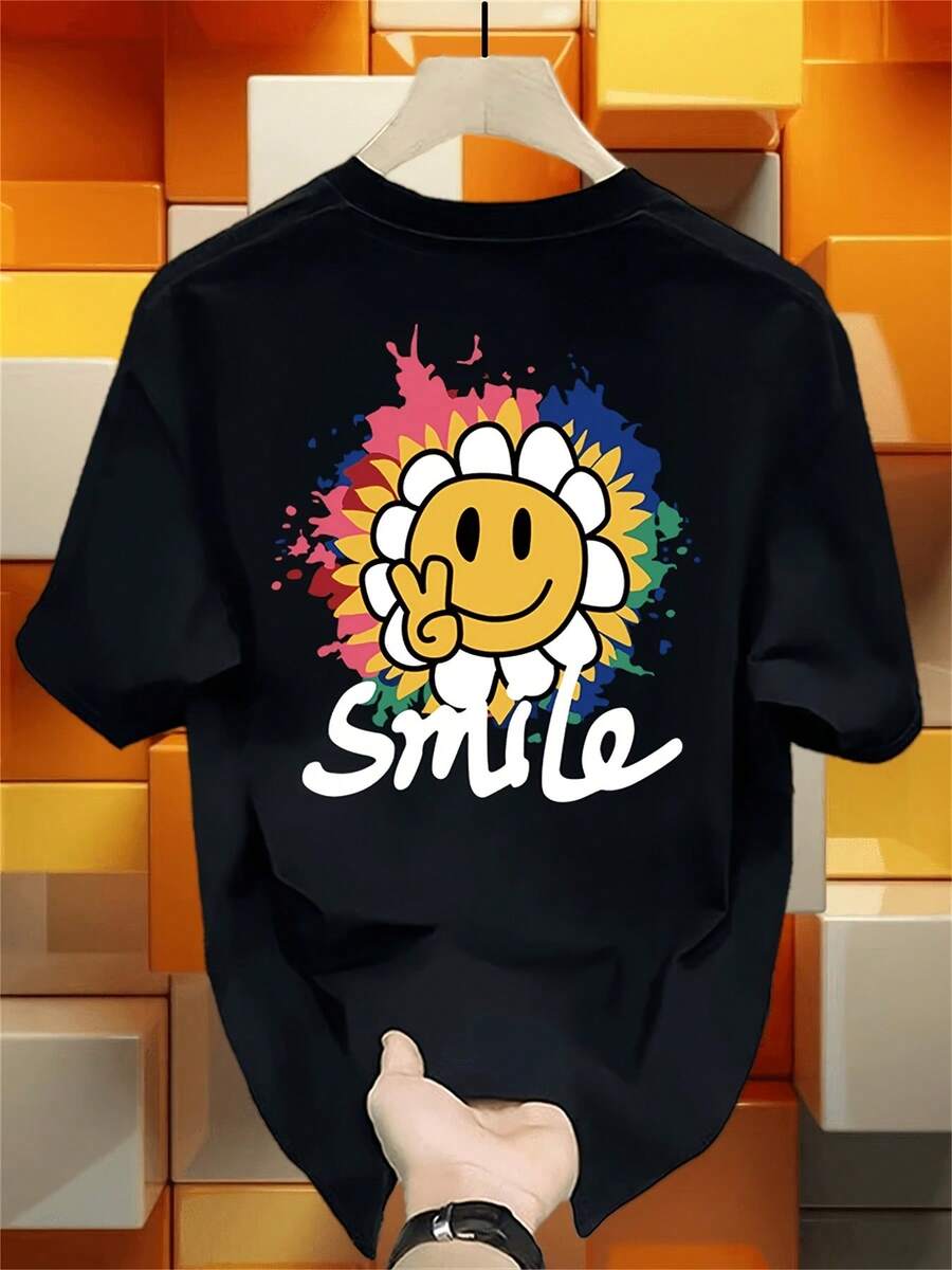 Camiseta de manga corta de algodón puro de marca de moda para hombre, estilo coreano, estampada, casual y versátil para el verano. - Negro - Ver 1