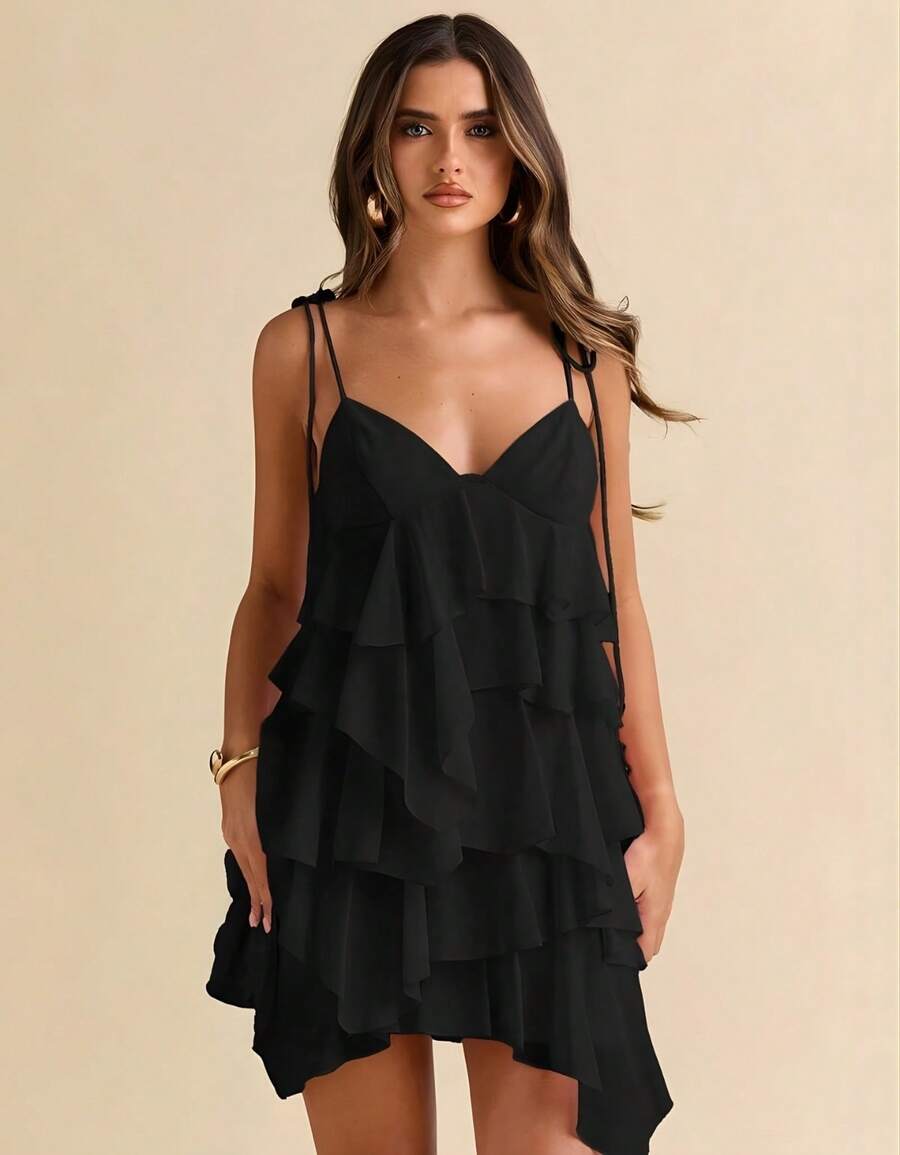 Women's Short Dress With Layered Ruffles, Thin Straps, V-Neck, Summer Fashion - Black - View 1