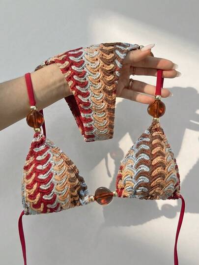Bikinx Bộ bikini hai mảnh móc len kiểu yếm dành cho nữ năm 2026, thiết kế dây chuyền đính hạt, đồ bơi thoải mái phù hợp cho kỳ nghỉ biển.