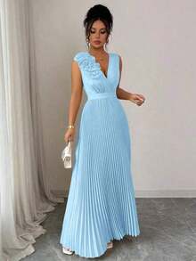 Vestido de verano de cuello en V azul claro con cintura ceñida, aplicación floral en el pecho y falda plisada en línea A, elegante estilo francés - Verde Oscuro - Ver 10