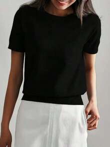 Camiseta de punto de manga corta de unicolor y peso ligero para mujer, top minimalista de verano - Negro - Ver 4