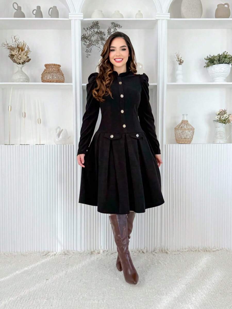 Elegant Women's Winter Midi Dress, Long Sleeves, Fitted Waist, Flared Jacquard, Sizes M, G, GG, G1 - màu đen - Xem 1