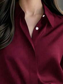 Camisa de manga larga de unicolor elegante para mujer - Blusa de cuello clásico no transparente, tela premium para primavera, verano, otoño, versátil para uso casual y profesional, lavable a máquina/limpieza en seco, diseño estilizado, textura refinada Blanco - Burdeos - Ver 4