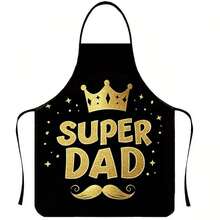 1pc 2D Printed "Super Dad" Crown & Beard Pattern Apron, Black & Gold Glitter Print Apron, Father's Day Gift, Kitchen Cooking BBQ Housework Apron - Black - View 9