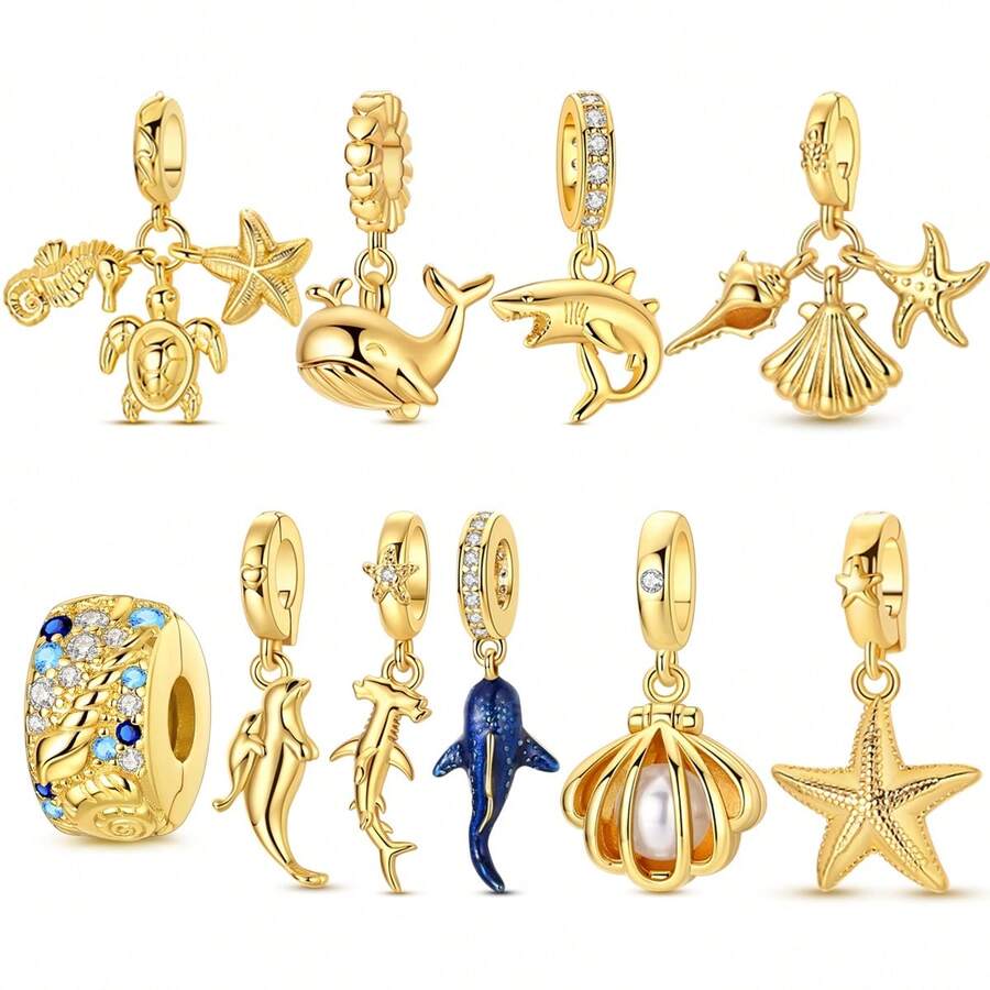 1 cái charm mạ vàng 18K bộ sưu tập sinh vật biển vintage mùa hè hình rùa, cá ngựa, sao biển, vỏ sò, cá voi, cá mập, hải cẩu, phù hợp cho vòng tay, dây chuyền, mặt dây, hạt làm trang sức DIY, lựa chọn lý tưởng cho phụ kiện trang sức hàng ngày của nữ - quà tặng du lịch ngày lễ - Vàng - Xem 1