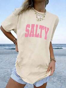 Women's 100% Cotton Graphic Graphic T-Shirt With Double Print "If I'm In A Bad Mood, Please Go Back To The Beach" And "Salty", Casual And Oversized Summer Style | Summer Clothes | Holiday Outfits Pure Cotton T-Shirt 100% Cotton 100% Cotton - 杏 - 查看 3