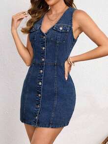 Women Denim Dresses - Dark Washed Blue - View 4