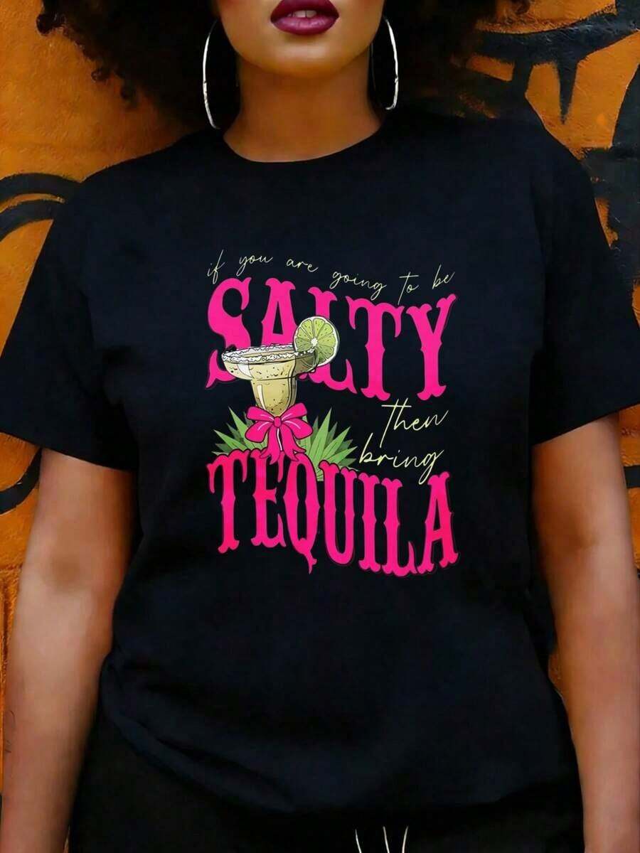 Camiseta Casual Divertida para Mujer con Diseño Gráfico de Tequila y Cócteles, Ideal para Fiestas de Verano y Salidas a la Playa, Regalo Perfecto para Amigos y Familiares Amantes del Tequila y del Humor - Negro - Ver 1