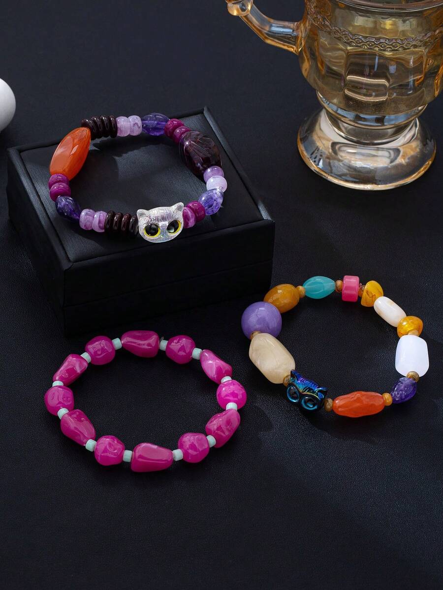 1pc/3pcs Niche Design Cat Beaded Bracelet, Dopamine Contrast Color ...