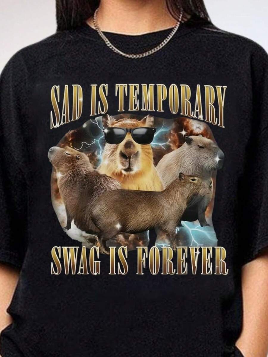 Sad Is Temporary Swag Is Forever T-Shirt, Funny Capybara Meme Teeblusas para mujer playeras de mujer vestidos casuales para mujer - Negro - Ver 1