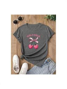 YOCASA Camiseta informal de verano para mujer, de cuello redondo, ajustada y manga corta, con estampado de pintura al óleo, floral, de corazones, de cerezas y de letras. Tejido informal sencillo, estilo deportivo, ideal para el día a día y para una cita de San Valentín. - GRIS-YH429 - Ver 2