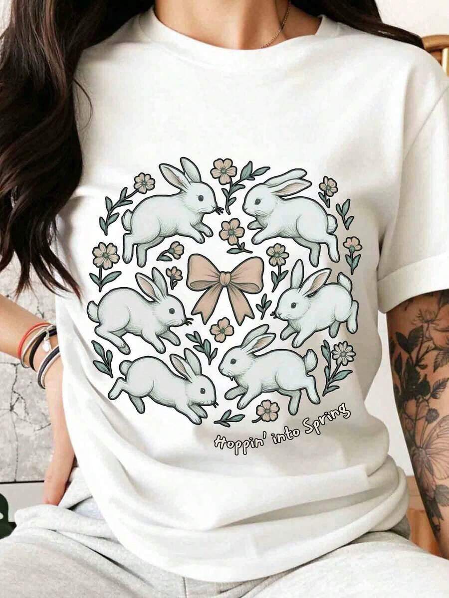 Hoppin Into Spring Bunny Floral Design T Shirt Women Easter Spring Seasonal Graphic Tee Cute Rabbit Print TopPlayera Holgada para Mujer - Blanco - Ver 1