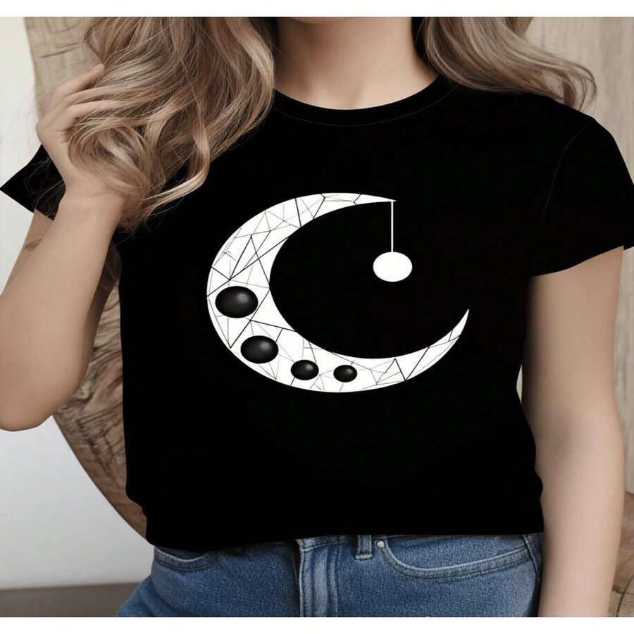 Women Black Cotton Casual Round Neck Short Sleeve T-Shirt With Moon Graphic Print - 黑色 - 查看 1