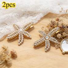 2pcs Crystal Pearl Starfish Hair Clips, Luxury Style Headpiece, Bridal Headpiece For Wedding Season, Also Suitable For Daily Wear, Beach Vacation Hairstyle Decor, Versatile High-End Hair Accessory,Hair Slide - Multicolor - View 5